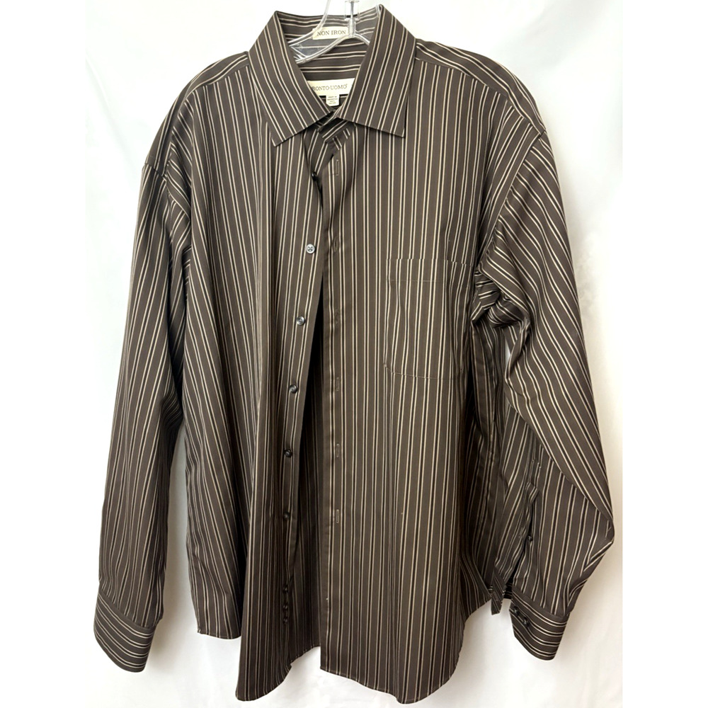 Pronto Uomo Men's Size XL Non Iron Long Sleeve Brown Stripe Shirt 100% Cotton